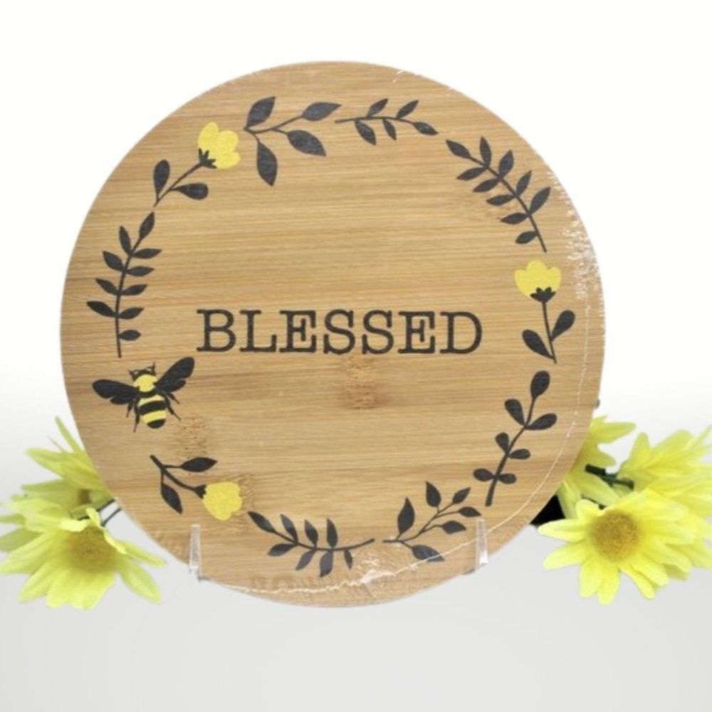 Wood Trivet Bumble Bee Blessed Round